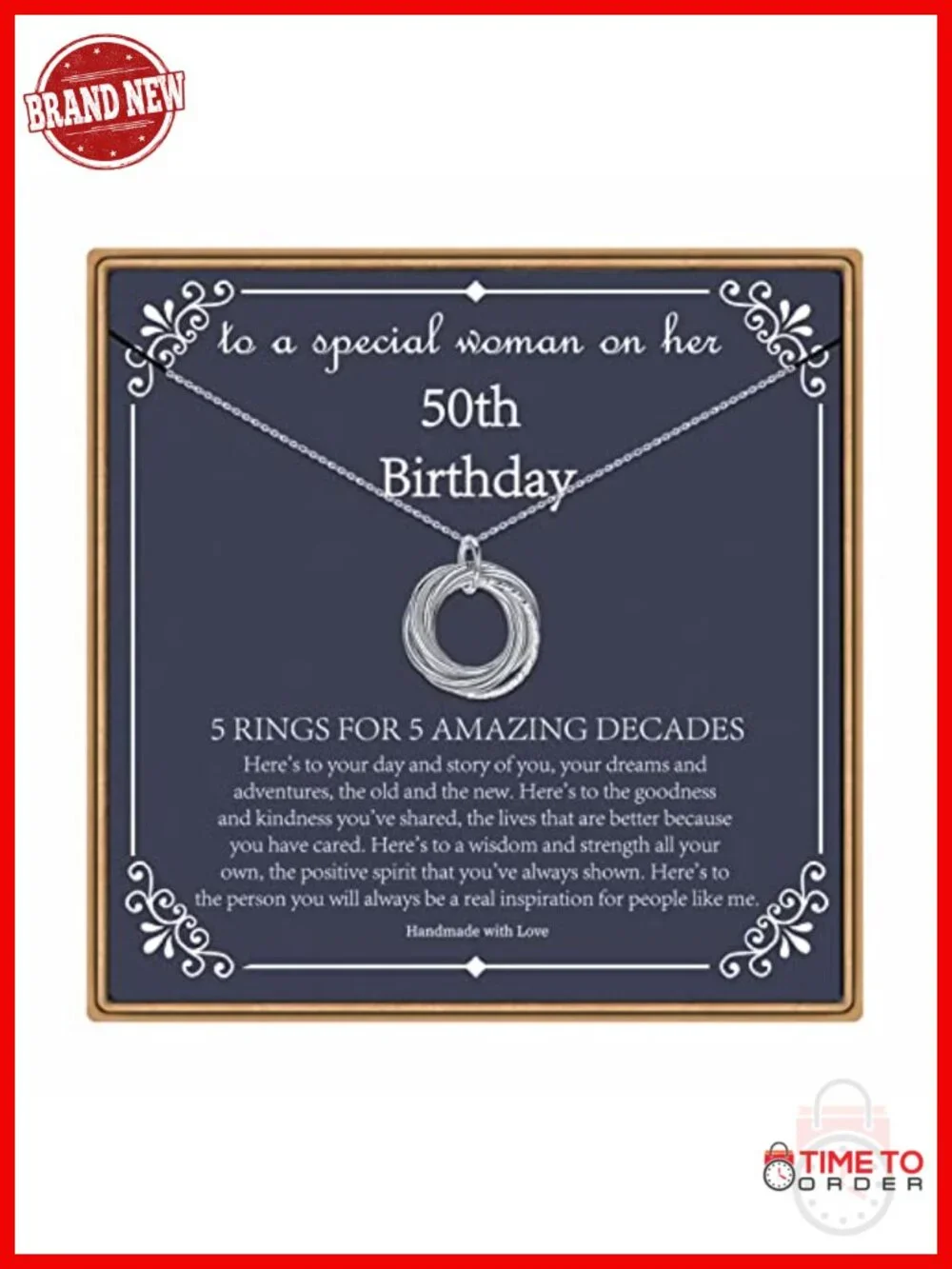 50th Birthday Pendant Necklace with 5 Rings Sterling Silver